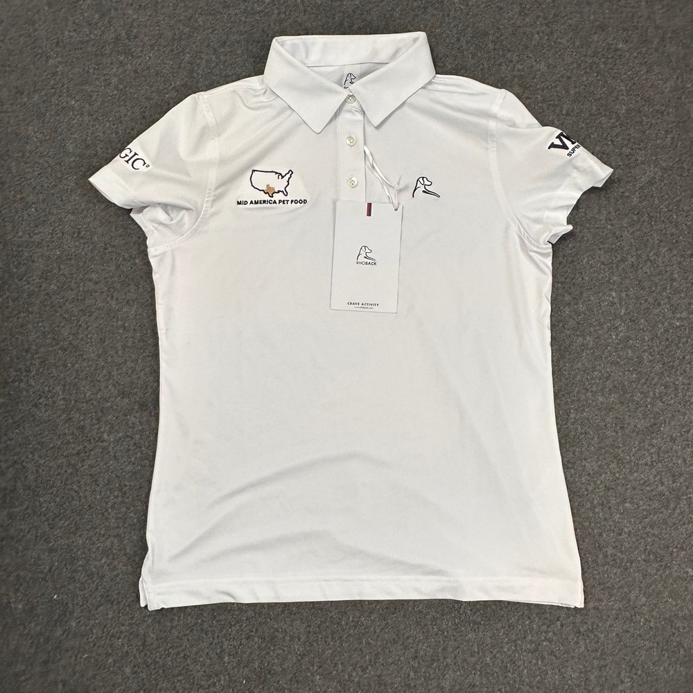 Rhoback The Ball Girl Women White Performance Polo Shirt Mid America Pet Food S
